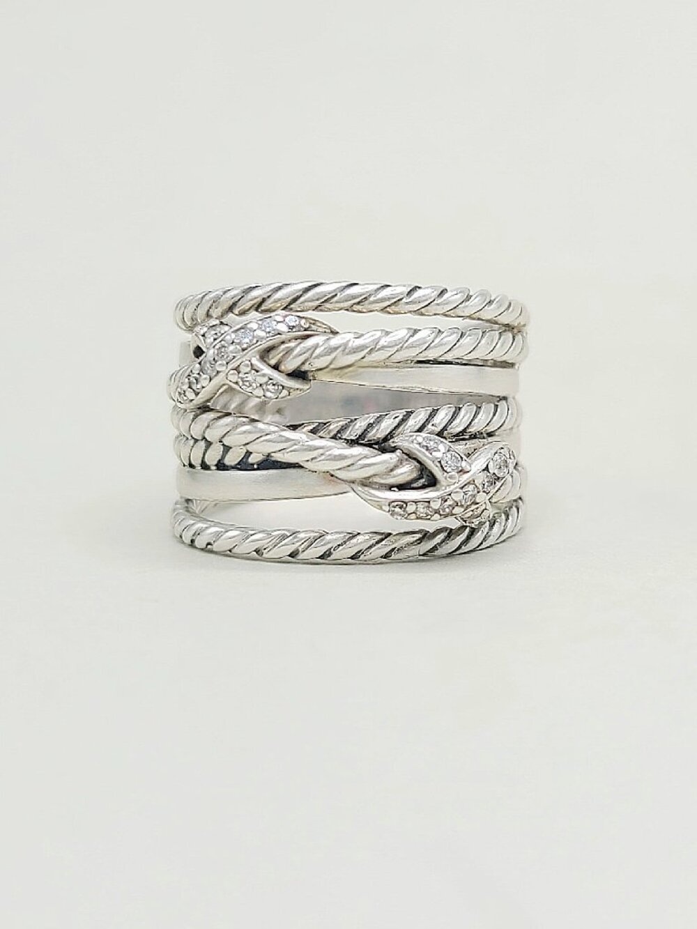 David Yurman Double X Crossover Ring w/ Pavé White Diamonds - 13mm - Size 7